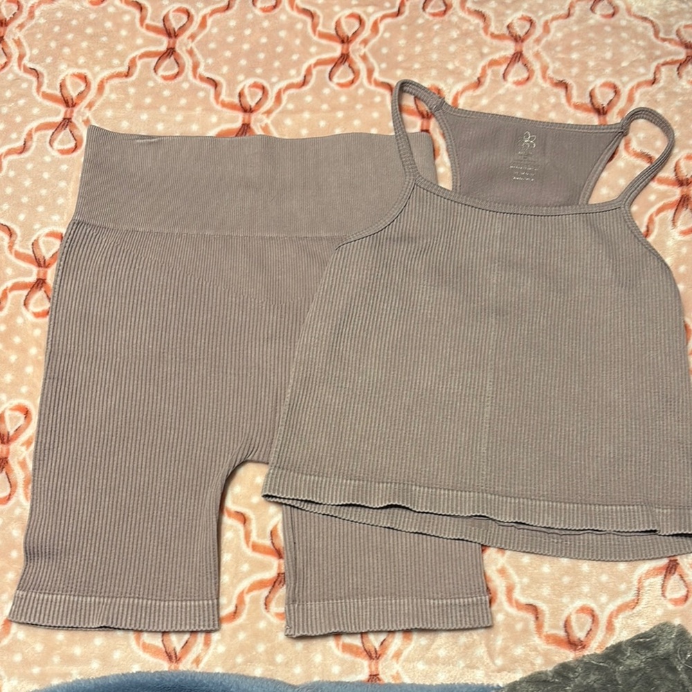 Purple aura matching set with shorts and cropped tank top.